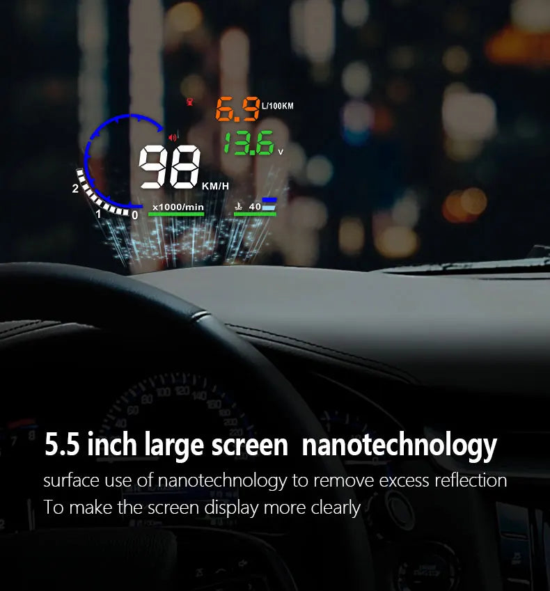 ADQ 5.5'' OBD2 HUD A8 Car Head Up Display Digital Speedometer Tachometer Windshield Speed Projector + Speed Water Temp RPM Alarm