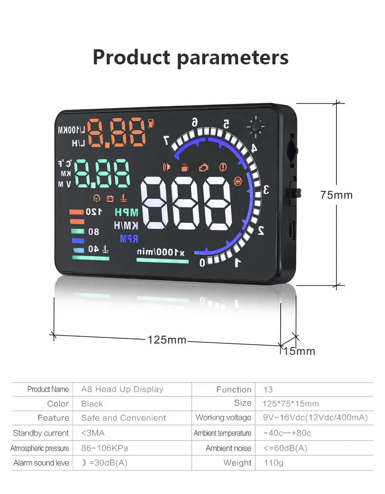 ADQ 5.5'' OBD2 HUD A8 Car Head Up Display Digital Speedometer Tachometer Windshield Speed Projector + Speed Water Temp RPM Alarm