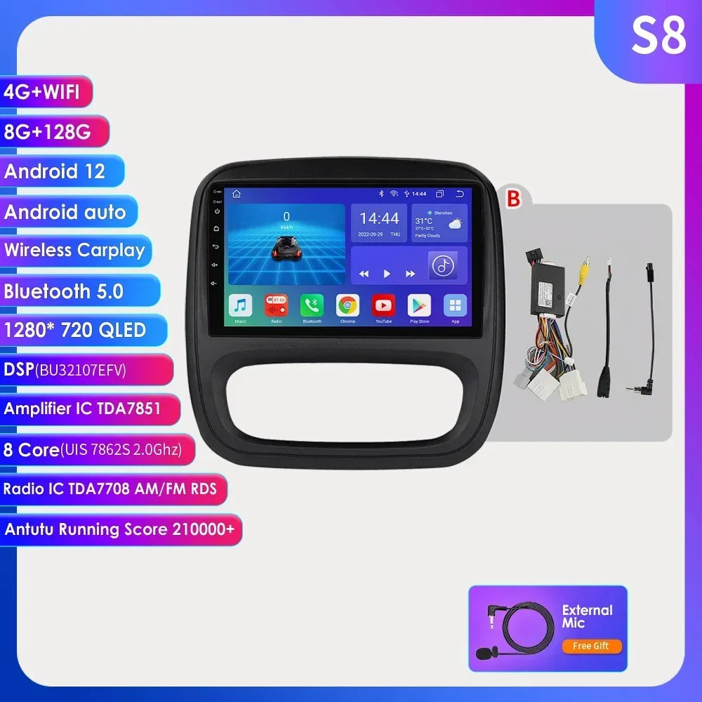 9" Wireless Carplay Android Auto Car Radio for Renault Trafic 3 Opel Vivaro B Multimedia Player GPS Navigation Stereo RDS DSP 4G