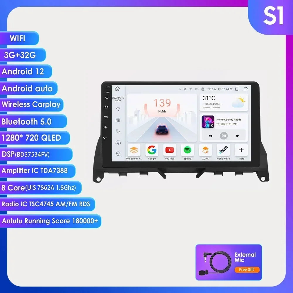 For Mercedes Benz C-Class W204 S204 2007-2010 Android 13 2 Din 9" Car Radio Multimedia Player AutoStereo AI Voice RDS DSP BT SWC