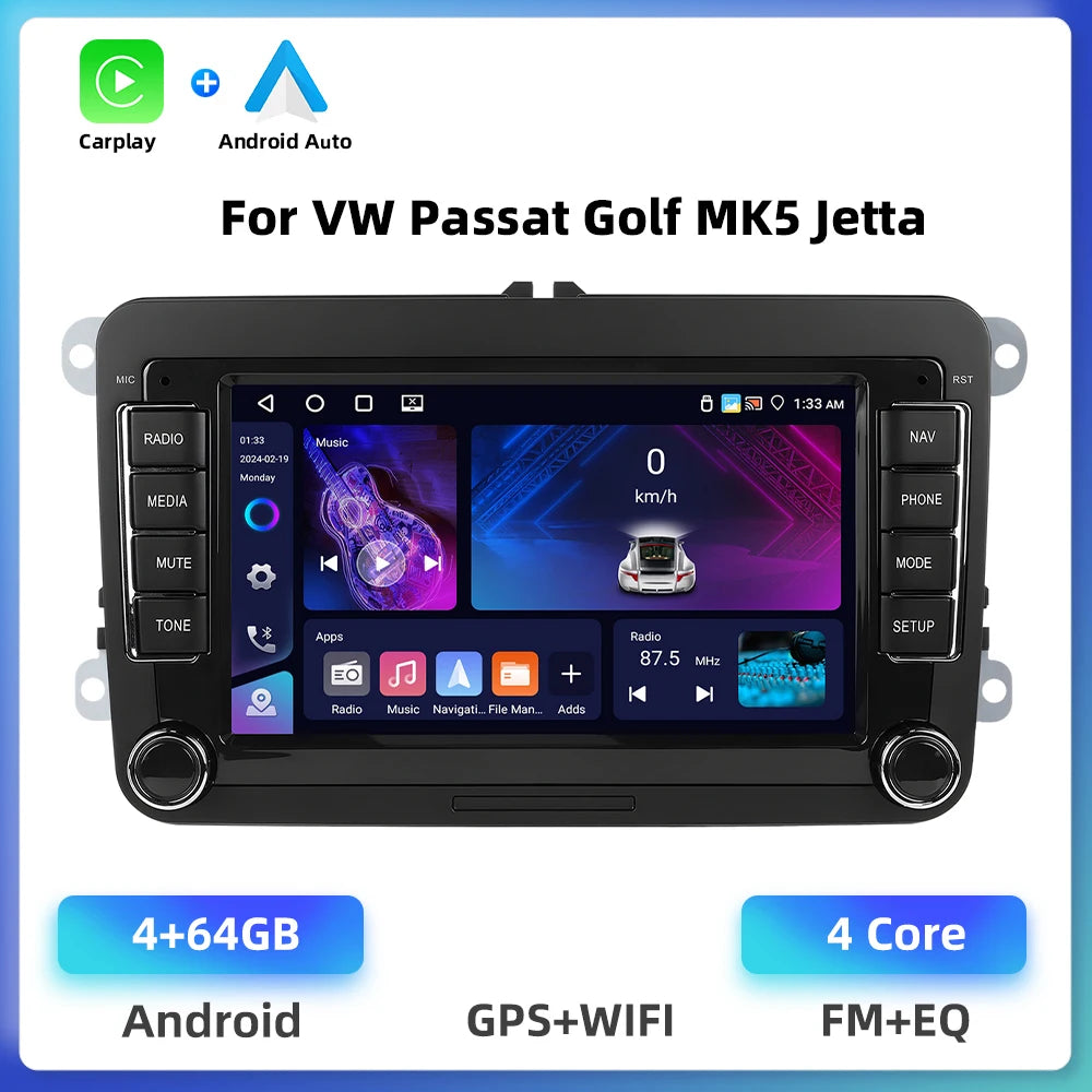 Podofo 4+64G 4Core Car Radio For VW/PASSAT/TOURAN/CADDY/BEETLE 2Din Car Stereo GPS Navigation Carplay Android Auto Car Audio
