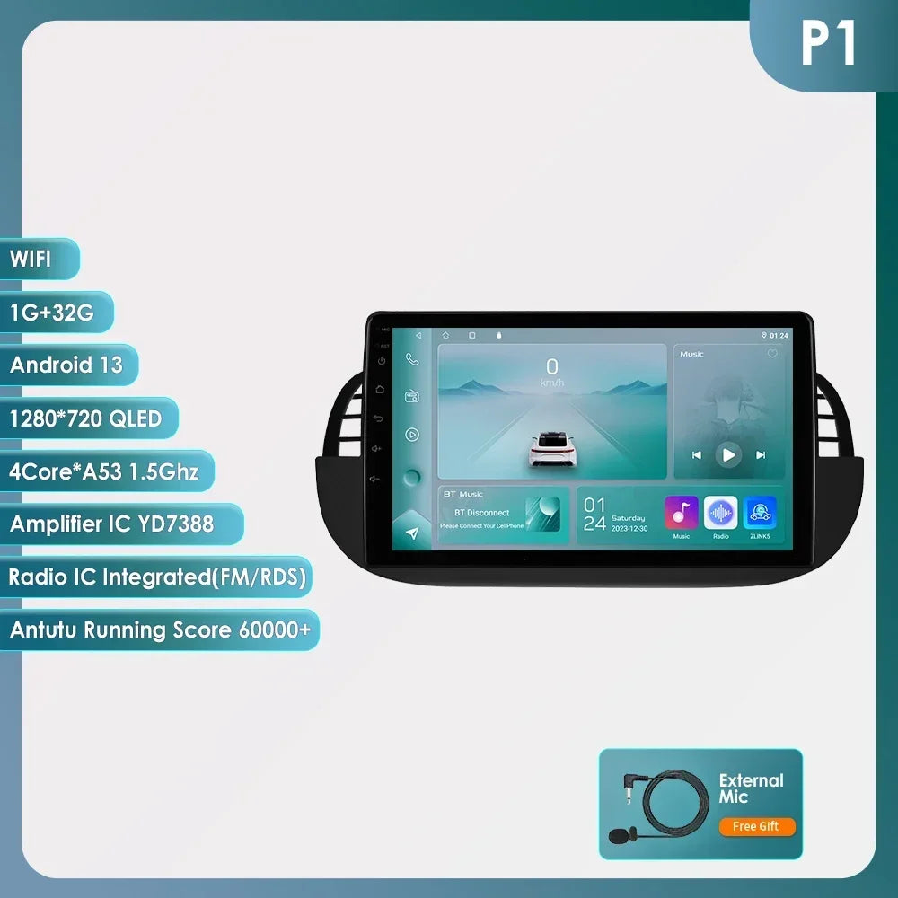 8 Core Android 13 Auto Car Radio Carplay for FIAT 500 2007-2014 Multimedia Video Player Stereo GPS Navi BT SWC RDS DSP 4G NO DVD