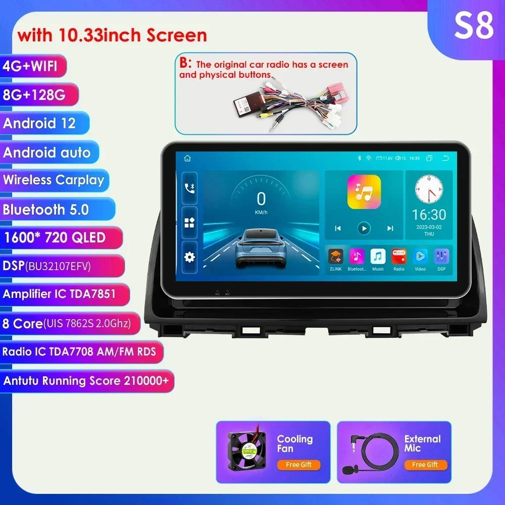 10.33'' Android 13 Car Multimedia Player for Mazda CX5 CX-5 2012-2015 Carplay 2 Din Autoradio GPS Navigation BT RDS 4G Head Unit