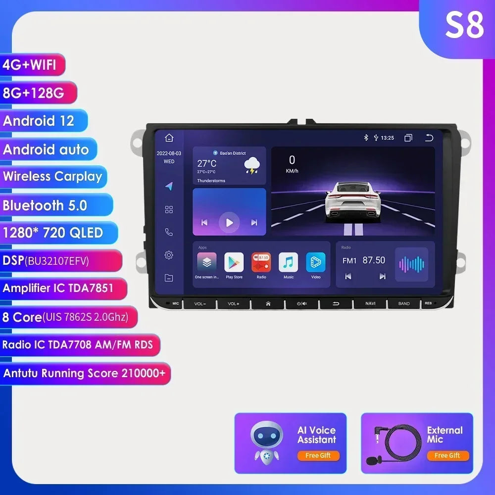 2 Din Carplay Android 14 for Volkswagen VW T5 Passat B6 Golf 6 5 Caddy Polo Touran Jetta Car Radio GPS Multimedia Player RDS BT