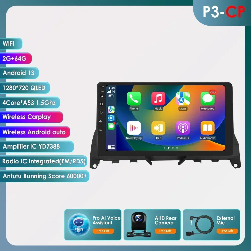 For Mercedes Benz C-Class W204 S204 2007-2010 Android 13 2 Din 9" Car Radio Multimedia Player AutoStereo AI Voice RDS DSP BT SWC