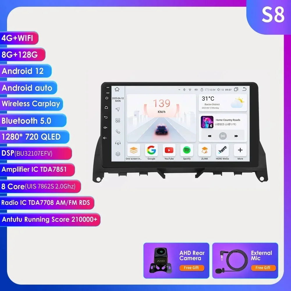 For Mercedes Benz C-Class W204 S204 2007-2010 Android 13 2 Din 9" Car Radio Multimedia Player AutoStereo AI Voice RDS DSP BT SWC