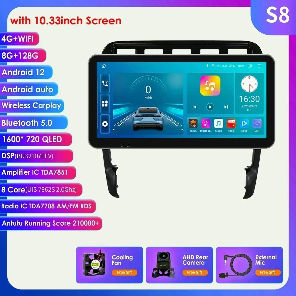 10.33" Wireless Carplay Android 13 Car Multimedia Player for Porsche Cayenne 1 2002-2010 2din Navigation GPS RDS Headunit Stereo