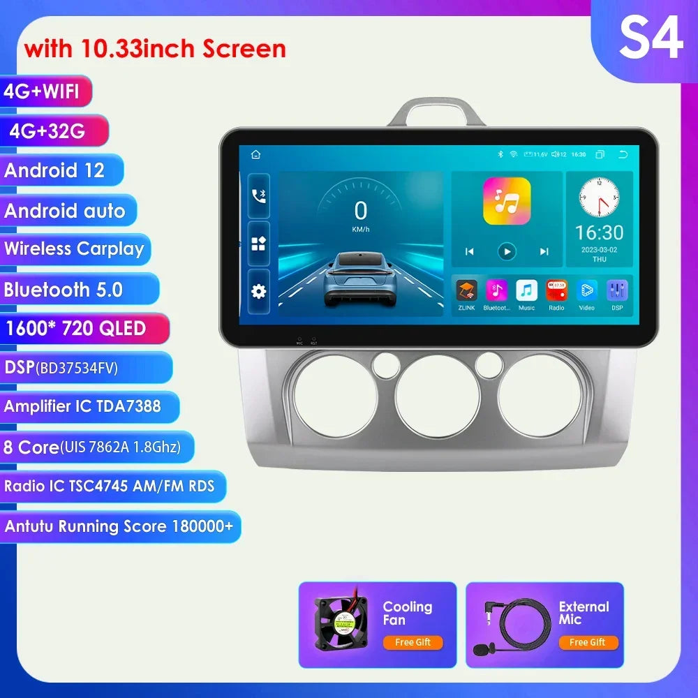 10.33" Wireless Carplay Android Auto for Ford Focus Mk2 2004-2011 Multimedia Player 2 Din Car Radio GPS Navigation BT RDS DSP 4G