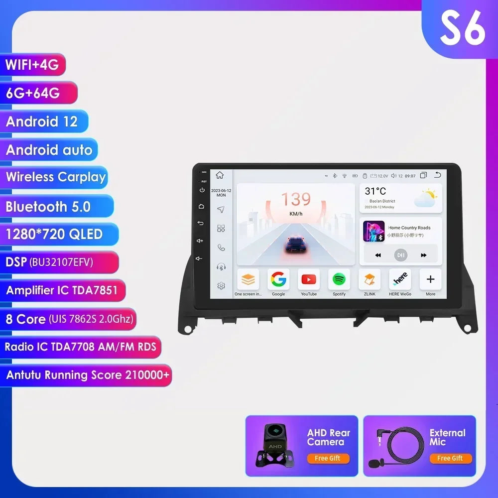 For Mercedes Benz C-Class W204 S204 2007-2010 Android 13 2 Din 9" Car Radio Multimedia Player AutoStereo AI Voice RDS DSP BT SWC