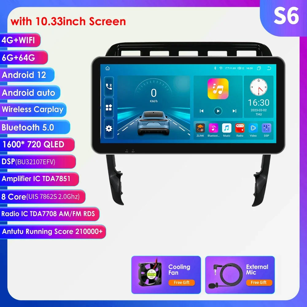 10.33" Wireless Carplay Android 13 Car Multimedia Player for Porsche Cayenne 1 2002-2010 2din Navigation GPS RDS Headunit Stereo