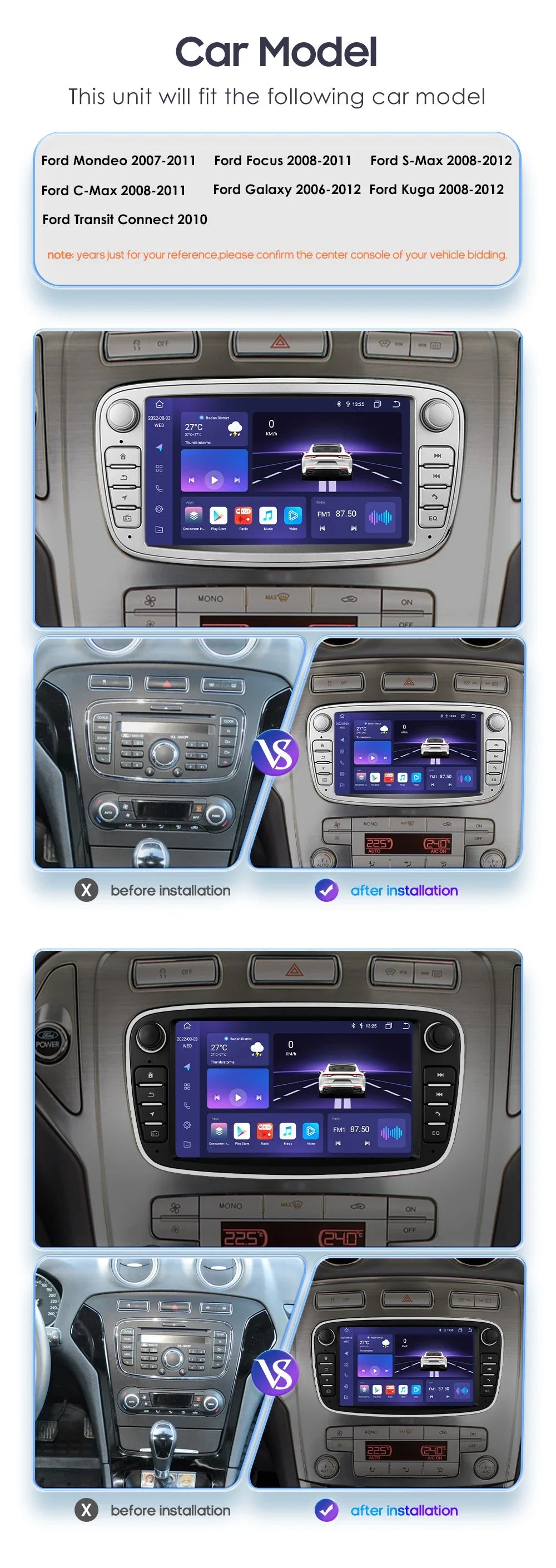 8G 128G 2 Din Carplay Android 13 for Ford Focus Mondeo Kuga C-MAX S-MAX Galaxy Car Radio Multimedia Player Audio Stereo GPS RDS