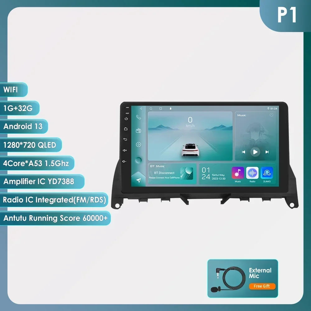For Mercedes Benz C-Class W204 S204 2007-2010 Android 13 2 Din 9" Car Radio Multimedia Player AutoStereo AI Voice RDS DSP BT SWC