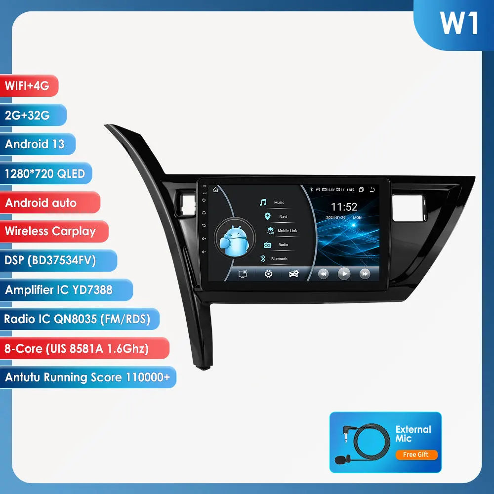 10.1" Android 14 Radio Car Multimedia 2 Din Wireless Carplay Android Auto for Toyota Corolla Auris 2013-2016 (Left Hand Driving)