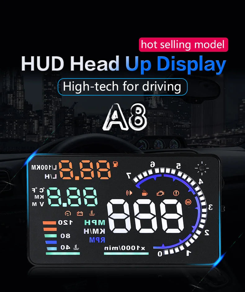 ADQ 5.5'' OBD2 HUD A8 Car Head Up Display Digital Speedometer Tachometer Windshield Speed Projector + Speed Water Temp RPM Alarm
