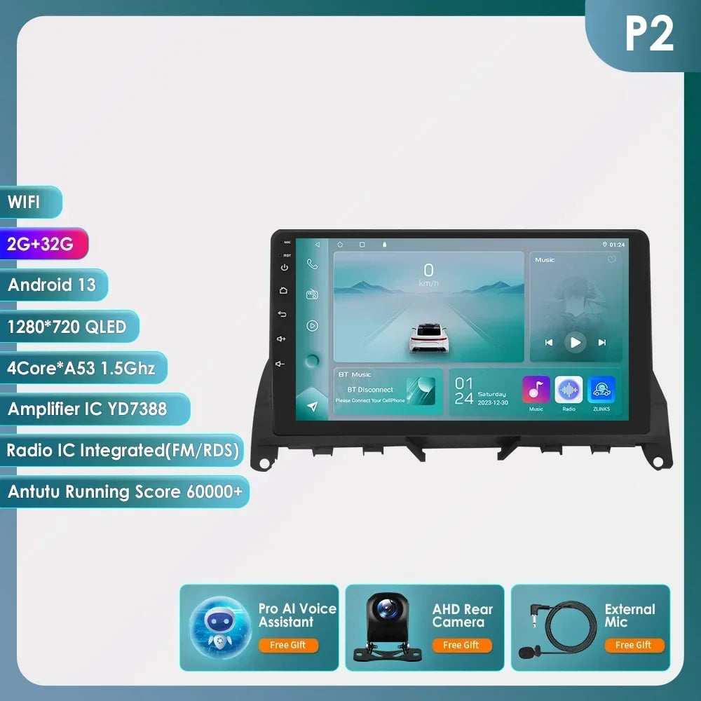 For Mercedes Benz C-Class W204 S204 2007-2010 Android 13 2 Din 9" Car Radio Multimedia Player AutoStereo AI Voice RDS DSP BT SWC