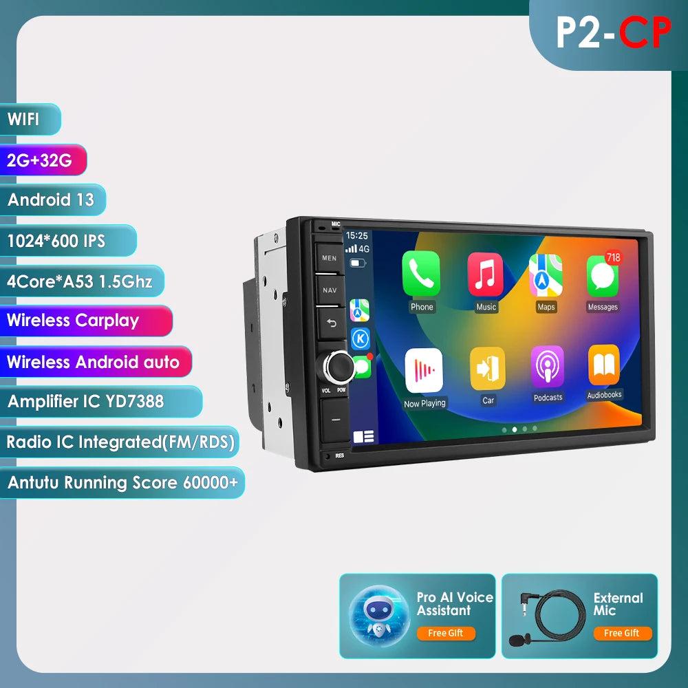 Android 14 7" Smart Car Systems 2 Din Wireless Carplay Android Auto for Universal Stereo Multimedia Player Navigation Head Unit