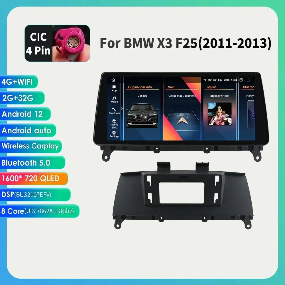 10.25" Wireless Carplay Android Car Radio Multimedia Player for BMW X3 F25 2011-2016 X4 F26 CIC NBT 2din GPS DSP BT Navi 4G QLED