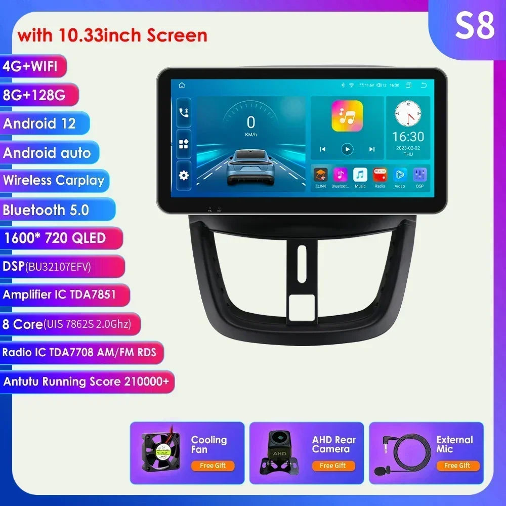 10.33" 8G+128G for Peugeot 207 207CC 2006 -2015 Android 13 2 Din Car Radio Multimedia Player Navigation Autoradio CarPlay Stereo