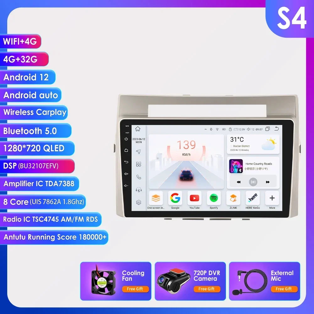 Wireless Carplay Android Auto Car Multimedia Player 9'' Touch Screen for Toyota Corolla Verso AR10 2004 2005 2006 2007 2008 2009