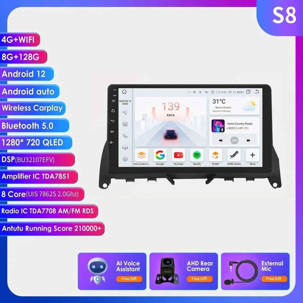 For Mercedes Benz C-Class W204 S204 2007-2010 Android 13 2 Din 9" Car Radio Multimedia Player AutoStereo AI Voice RDS DSP BT SWC