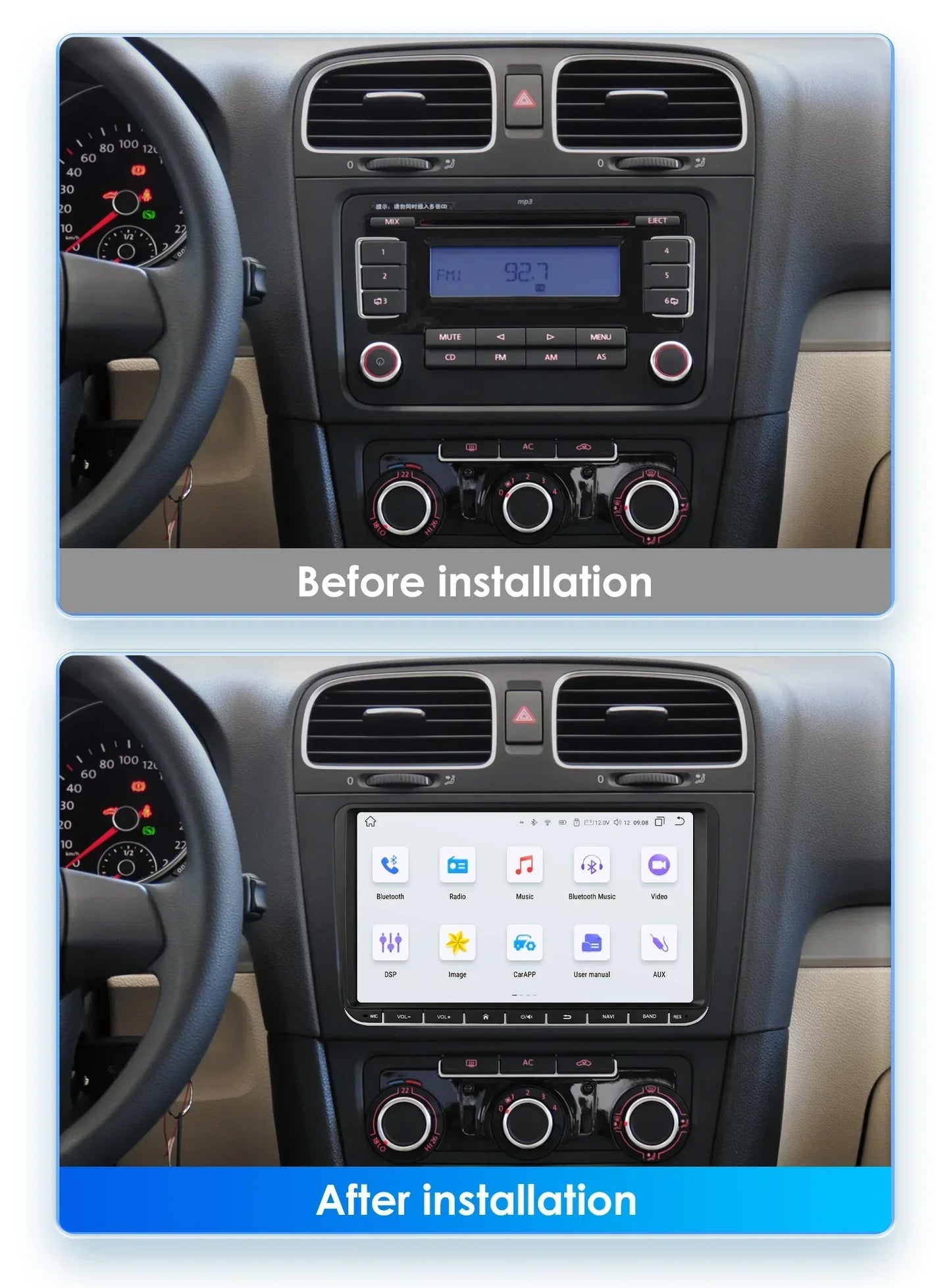 9" Radio 2din Android 14 Auto Carplay Car Multimedia Player for VW Volkswagen Golf Polo Tiguan Passat B7 B6 SEAT Leon 4G RDS BT
