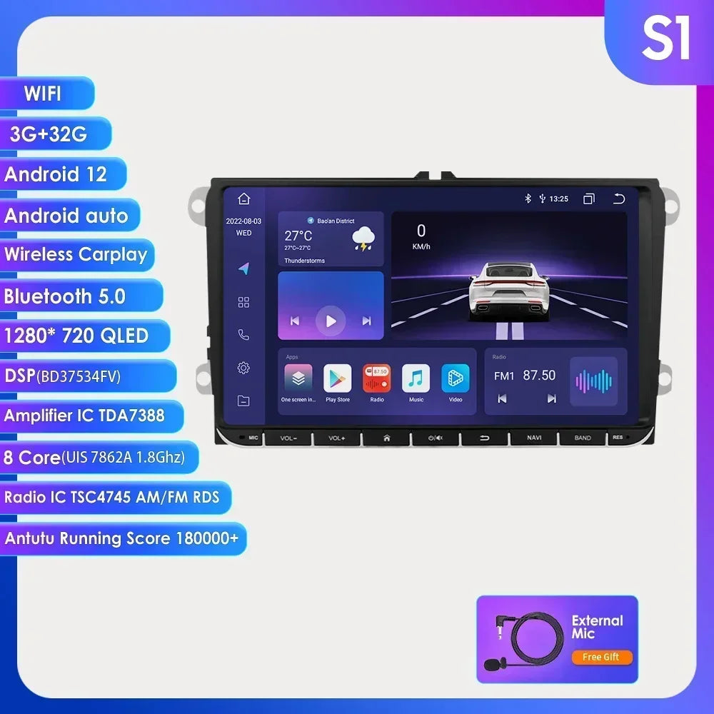 2 Din Carplay Android 14 for Volkswagen VW T5 Passat B6 Golf 6 5 Caddy Polo Touran Jetta Car Radio GPS Multimedia Player RDS BT