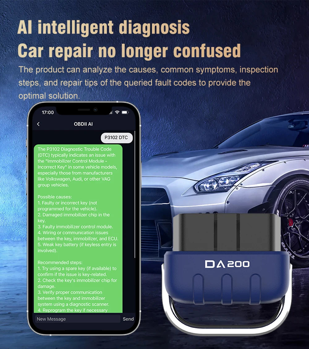 For DA200 OBD II Auto Fault Diagnosis Mode 6/8 Code Read Erase Bluetooth 4.0/5.4 OBD2 Scanner Free APP 25K80 Chip Battery Tester