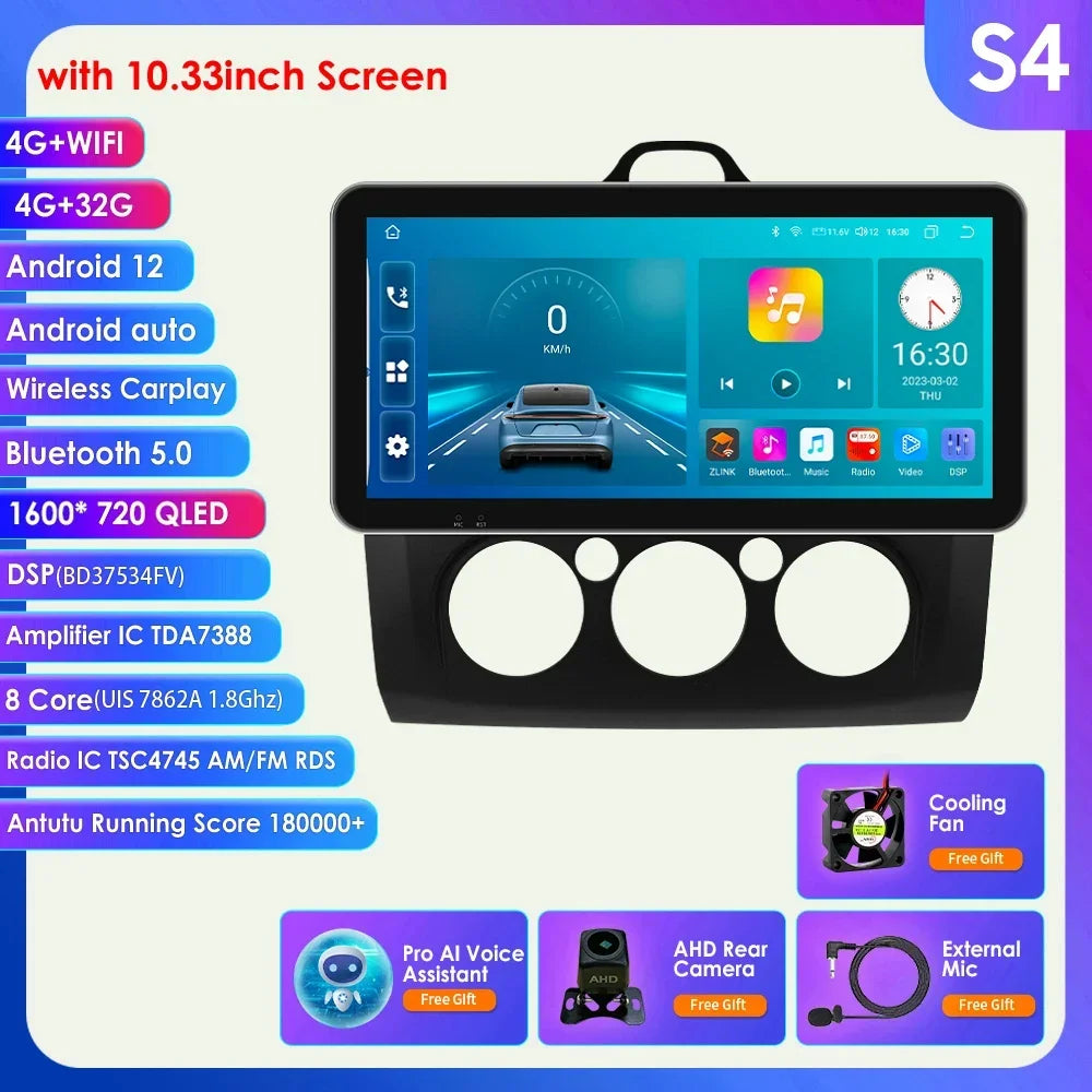 10.33" Wireless Carplay Android Auto for Ford Focus Mk2 2004-2011 Multimedia Player 2 Din Car Radio GPS Navigation BT RDS DSP 4G