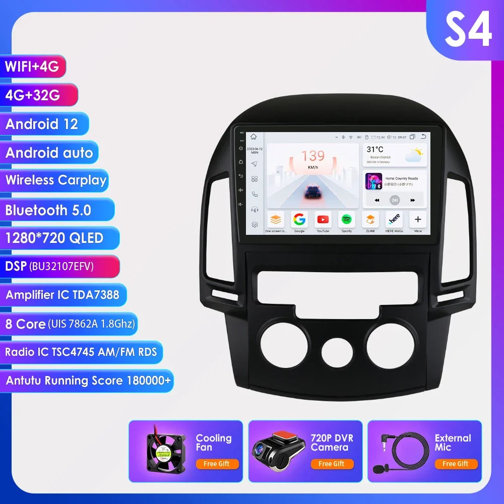 Android 13 Wireless Carplay for Hyundai I30 MT AT 2006 - 2011 9" Car Multimedia Player GPS Navi BT DSP 4G 2 Din Autoradio Stereo