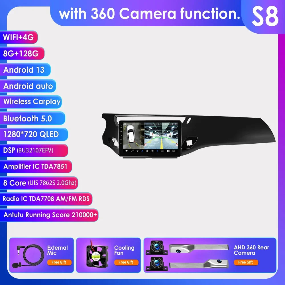 9" 2 Din Carplay Screen Android 13 Auto Radio for Citroen C3 DS3 2010 - 2016 Car Multimedia Player Navigation GPS RDS Stereo DSP