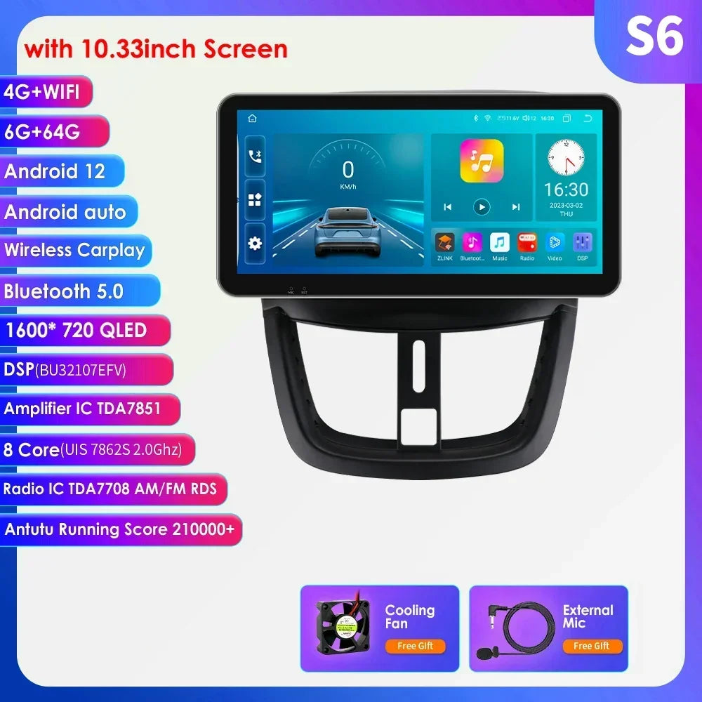 10.33" 8G+128G for Peugeot 207 207CC 2006 -2015 Android 13 2 Din Car Radio Multimedia Player Navigation Autoradio CarPlay Stereo
