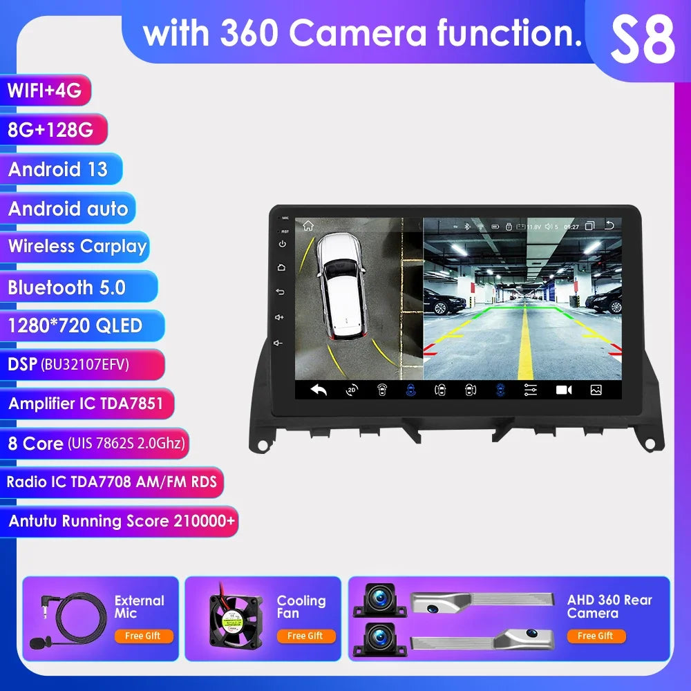 For Mercedes Benz C-Class W204 S204 2007-2010 Android 13 2 Din 9" Car Radio Multimedia Player AutoStereo AI Voice RDS DSP BT SWC