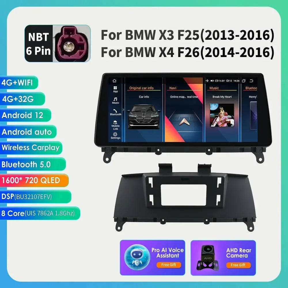 10.25" Wireless Carplay Android Car Radio Multimedia Player for BMW X3 F25 2011-2016 X4 F26 CIC NBT 2din GPS DSP BT Navi 4G QLED