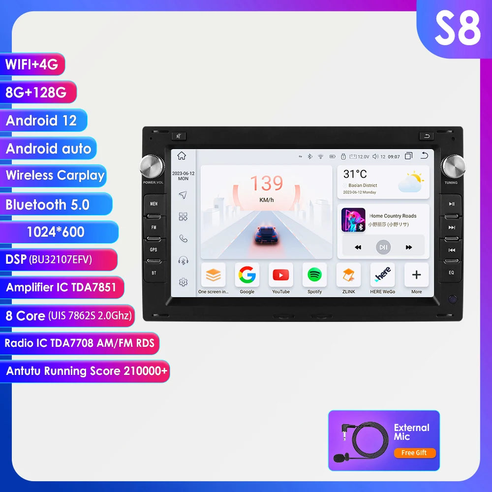 7 Inch Wireless Carplay Android Auto Android 14 Radio Car Multimedia for VW Golf 4 Passat POLO Transport T5 Multivan Seat Jetta