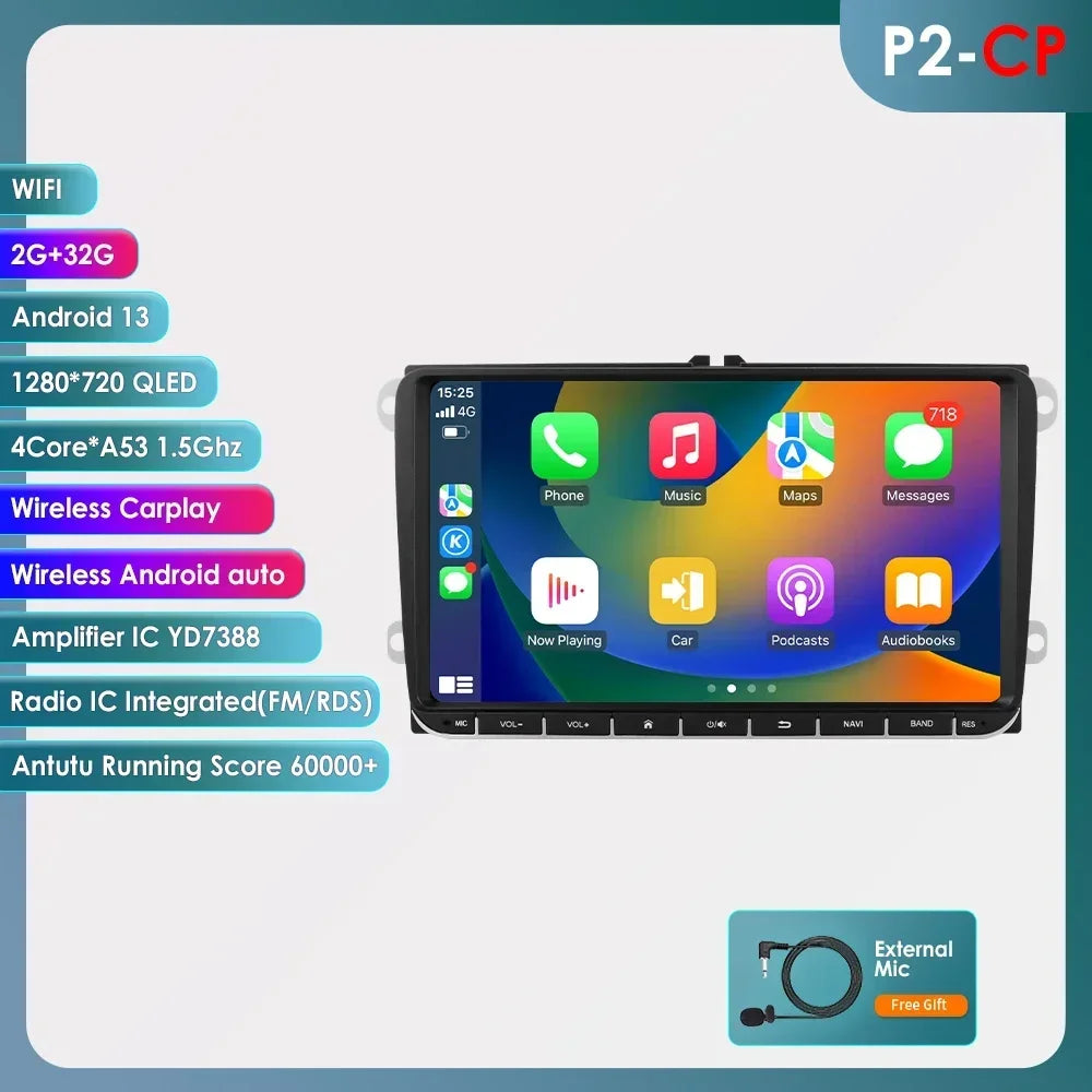 2 Din Carplay Android 14 for Volkswagen VW T5 Passat B6 Golf 6 5 Caddy Polo Touran Jetta Car Radio GPS Multimedia Player RDS BT
