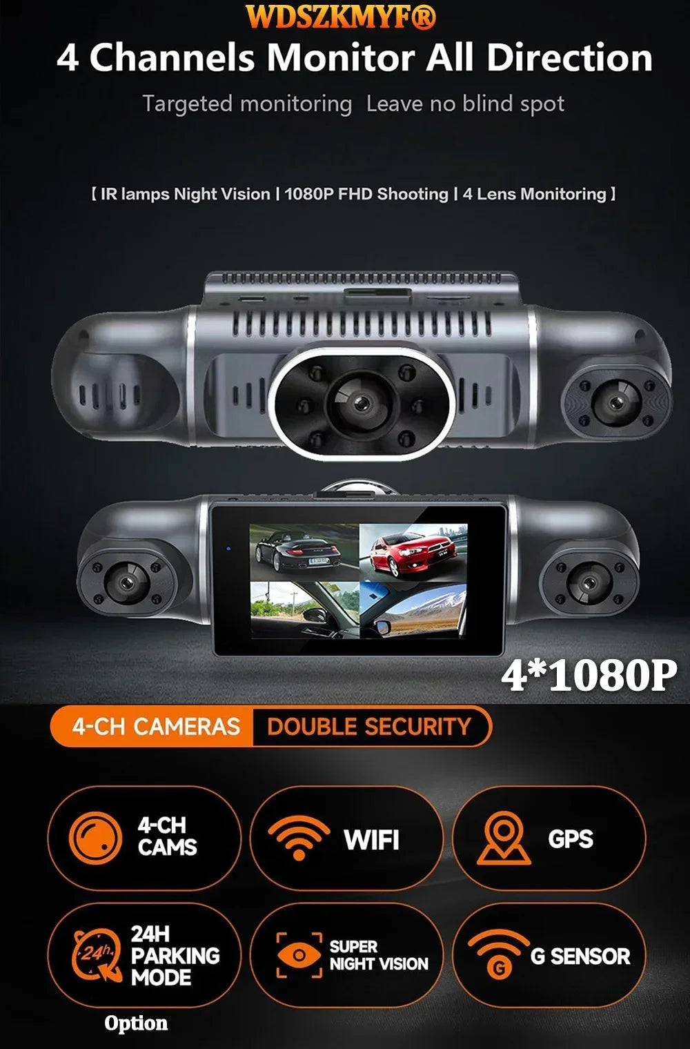 4 Channel 1080P Dash Cam for Cars WIFI GPS 360° Video Recorder Rear View Camera Car DVR 24H Hardware Kit Assecories