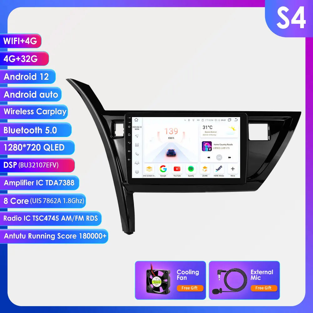 10.1" Android 14 Radio Car Multimedia 2 Din Wireless Carplay Android Auto for Toyota Corolla Auris 2013-2016 (Left Hand Driving)