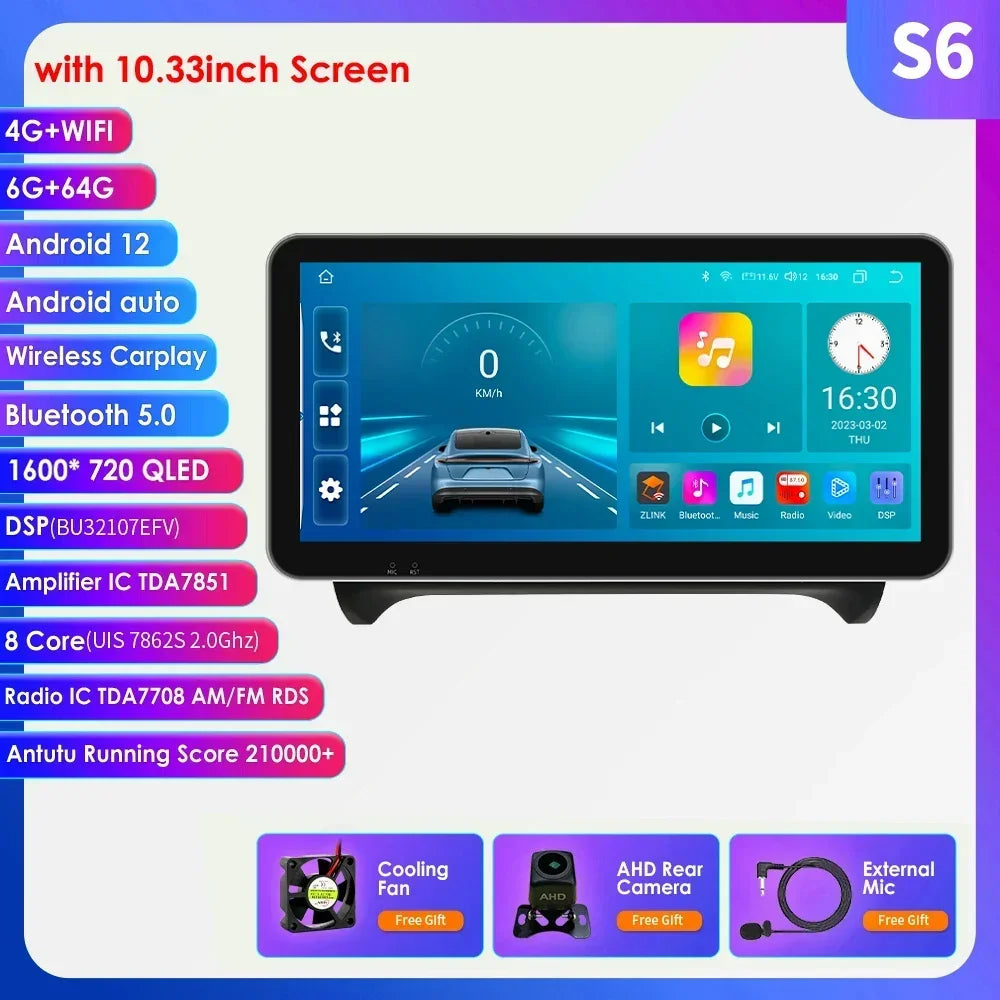 10.33" Wireless Carplay Android 13 Auto 8G+128G Car Radio Multimedia Player for AUDI TT MK2 8J 2006 2007-2014 GPS Navigation RDS