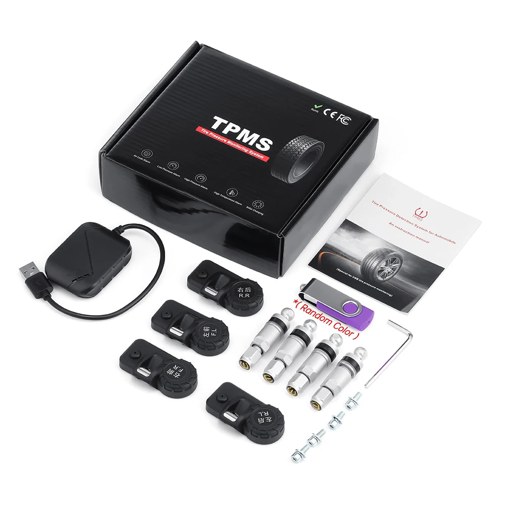 USB TPMS for Android Car Stereo Radio 4-Sensor Wireless Vehicle Auto Tire Pressure Monitoring Temperature Alarm System