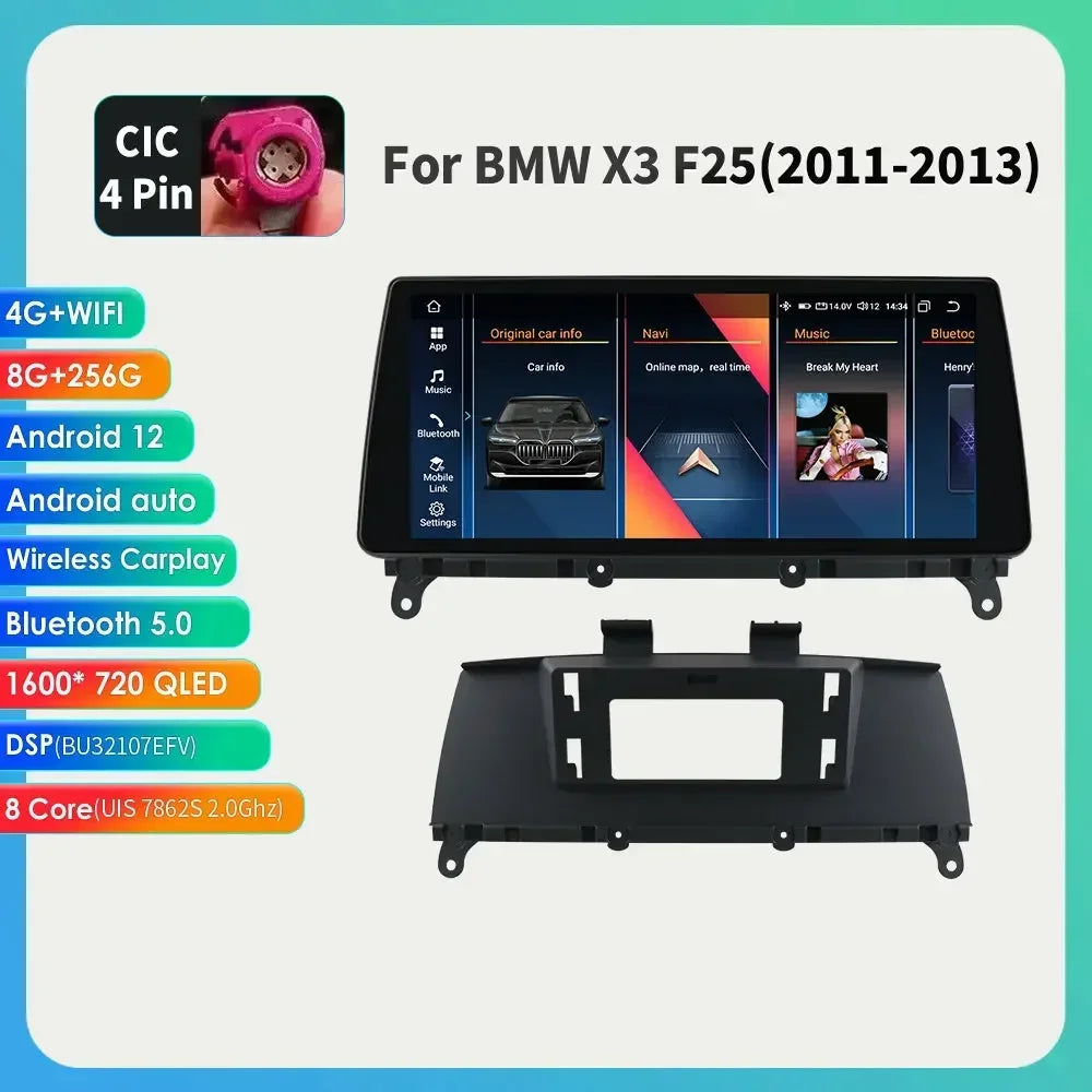 10.25" Wireless Carplay Android Car Radio Multimedia Player for BMW X3 F25 2011-2016 X4 F26 CIC NBT 2din GPS DSP BT Navi 4G QLED