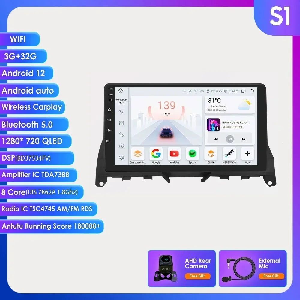 For Mercedes Benz C-Class W204 S204 2007-2010 Android 13 2 Din 9" Car Radio Multimedia Player AutoStereo AI Voice RDS DSP BT SWC