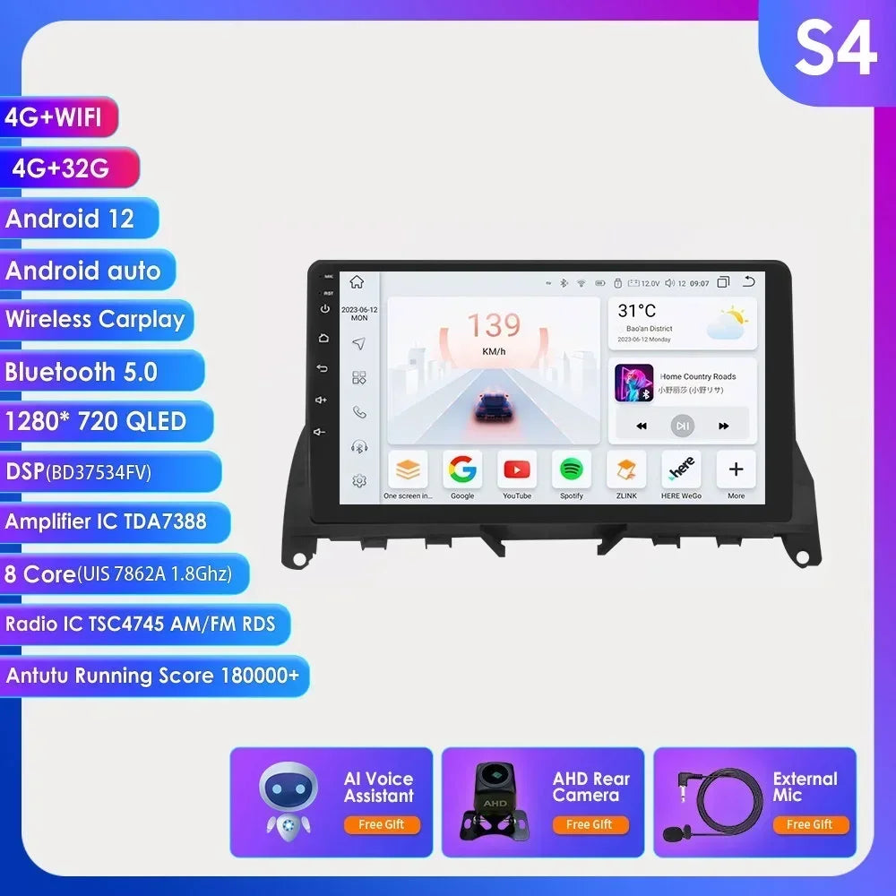 For Mercedes Benz C-Class W204 S204 2007-2010 Android 13 2 Din 9" Car Radio Multimedia Player AutoStereo AI Voice RDS DSP BT SWC