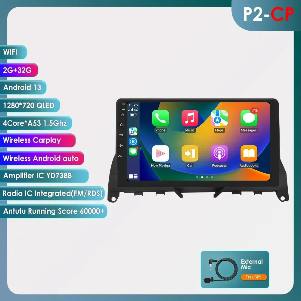 For Mercedes Benz C-Class W204 S204 2007-2010 Android 13 2 Din 9" Car Radio Multimedia Player AutoStereo AI Voice RDS DSP BT SWC