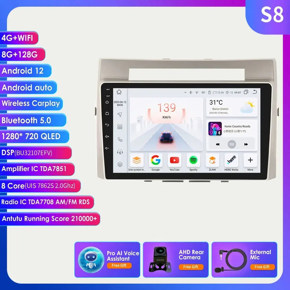 Wireless Carplay Android Auto Car Multimedia Player 9'' Touch Screen for Toyota Corolla Verso AR10 2004 2005 2006 2007 2008 2009