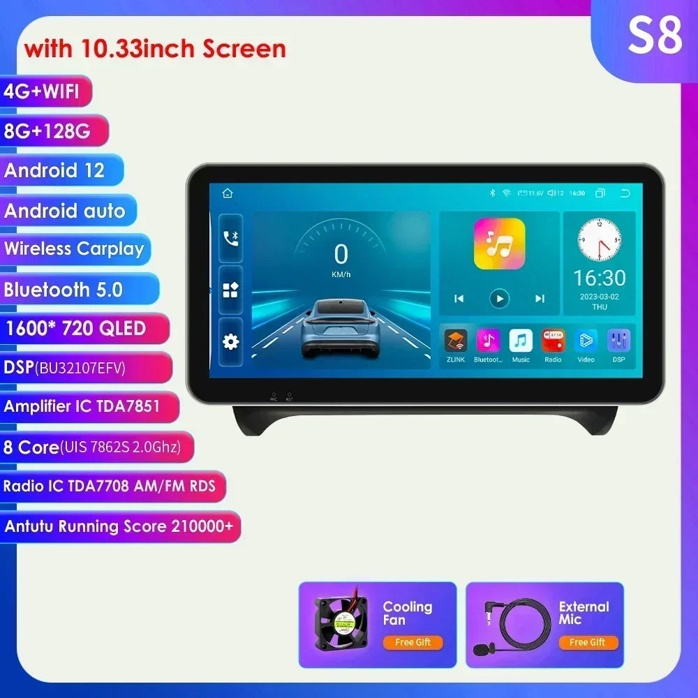 10.33" Wireless Carplay Android 13 Auto 8G+128G Car Radio Multimedia Player for AUDI TT MK2 8J 2006 2007-2014 GPS Navigation RDS