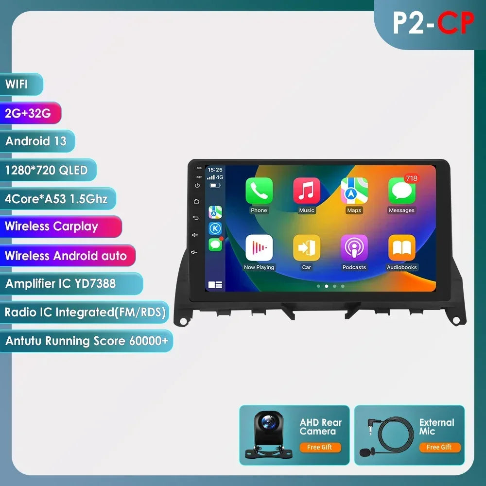 For Mercedes Benz C-Class W204 S204 2007-2010 Android 13 2 Din 9" Car Radio Multimedia Player AutoStereo AI Voice RDS DSP BT SWC