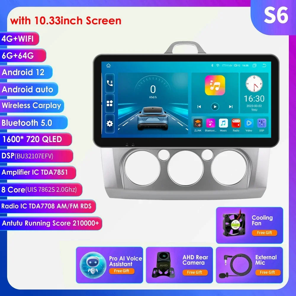 10.33" Wireless Carplay Android Auto for Ford Focus Mk2 2004-2011 Multimedia Player 2 Din Car Radio GPS Navigation BT RDS DSP 4G