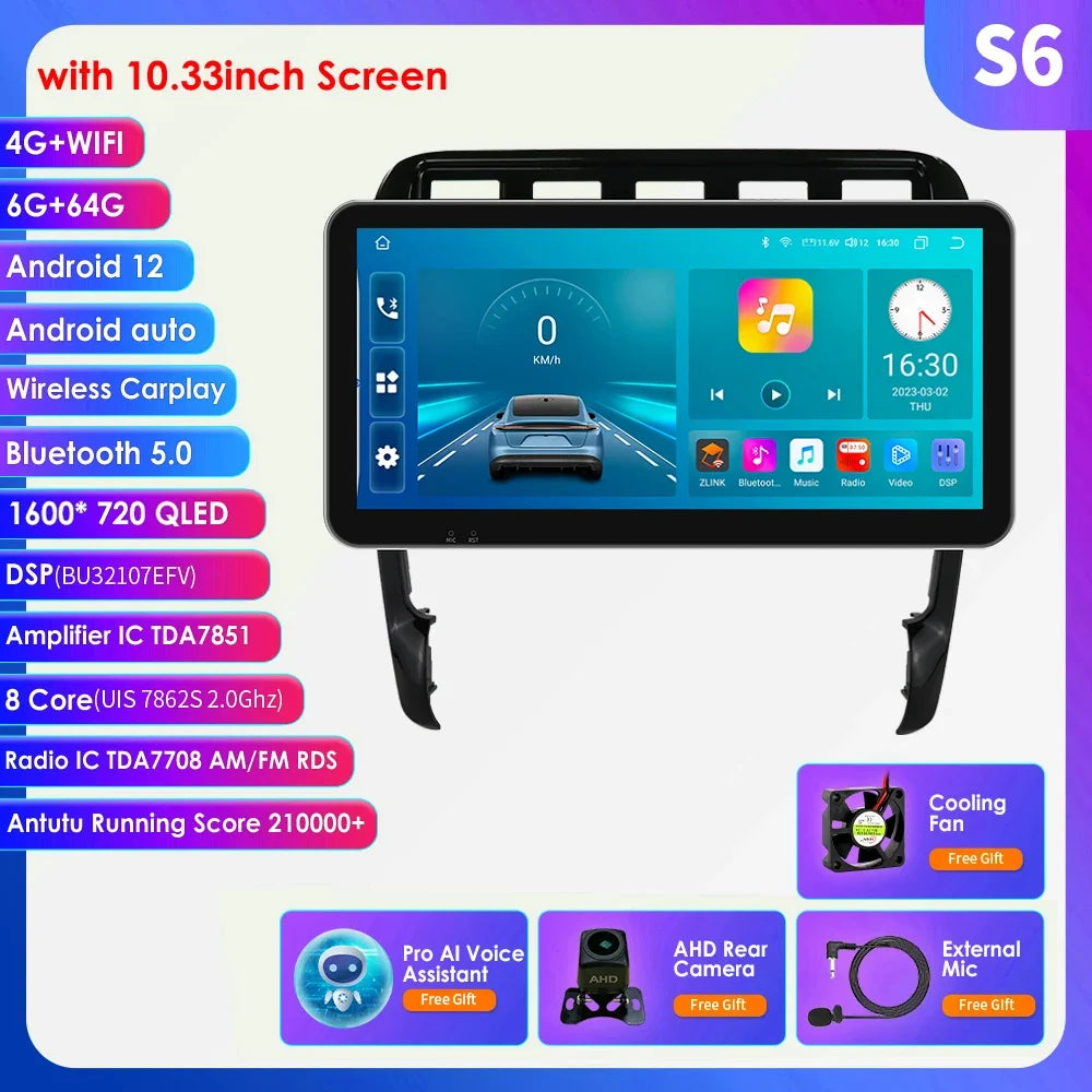 10.33" Wireless Carplay Android 13 Car Multimedia Player for Porsche Cayenne 1 2002-2010 2din Navigation GPS RDS Headunit Stereo