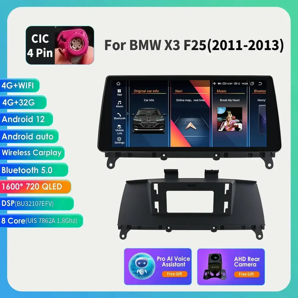 10.25" Wireless Carplay Android Car Radio Multimedia Player for BMW X3 F25 2011-2016 X4 F26 CIC NBT 2din GPS DSP BT Navi 4G QLED