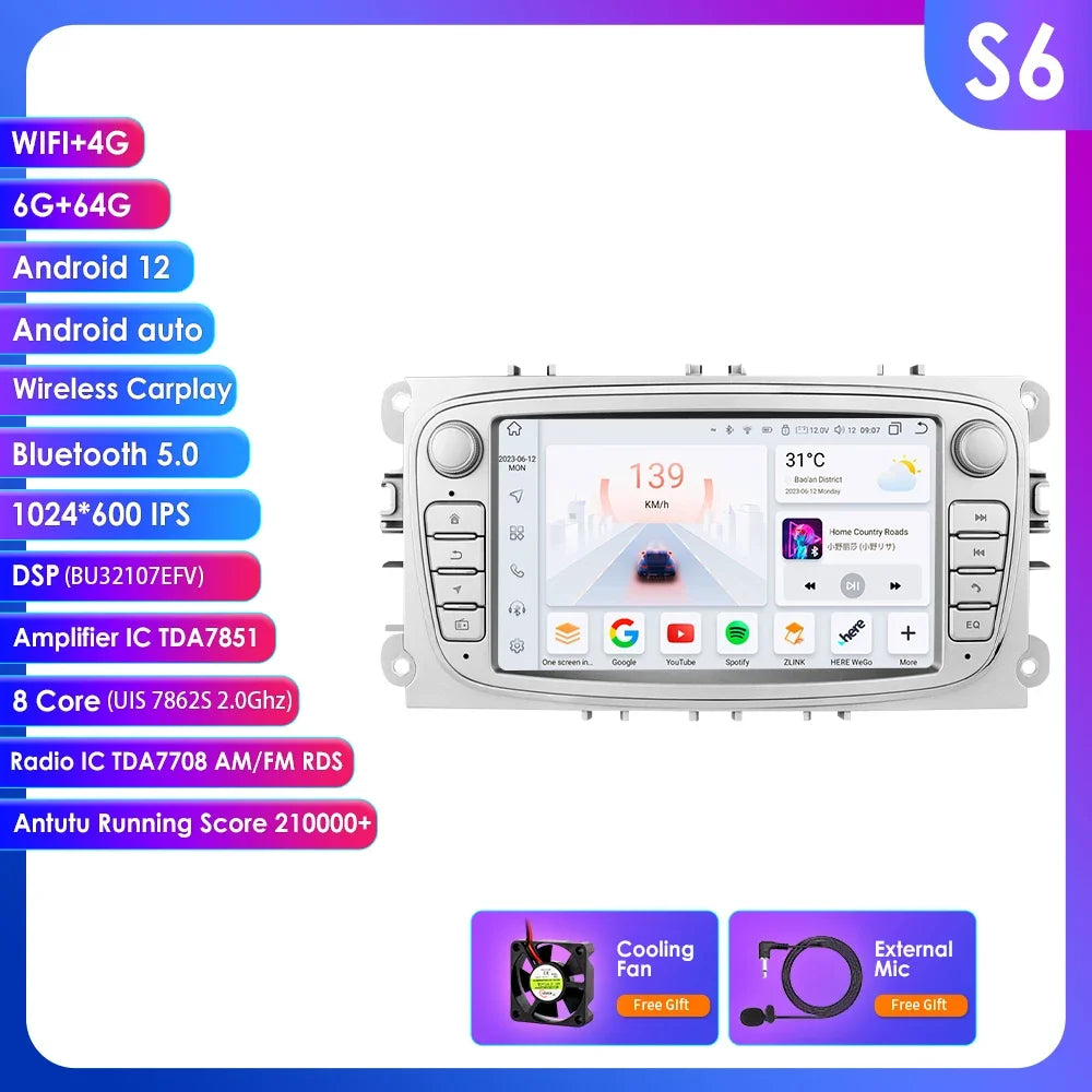 8G 128G 2 Din Carplay Android 13 for Ford Focus Mondeo Kuga C-MAX S-MAX Galaxy Car Radio Multimedia Player Audio Stereo GPS RDS